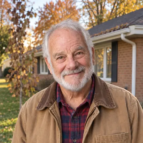 Hazel's dad, white-haired with a short beard, in a canvas work jacket