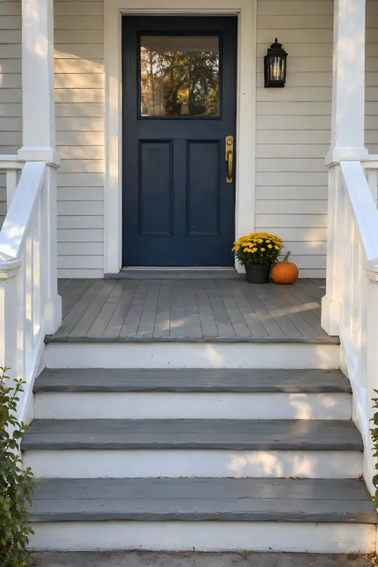 The same porch with one small pot of yellow mums and one small pumpkin