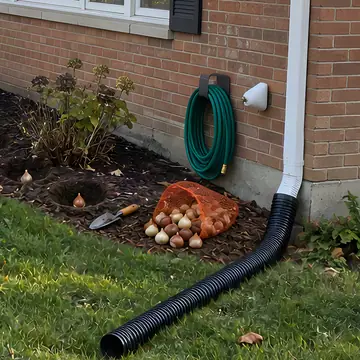 A downspout with a long extension carrying water away from the house
